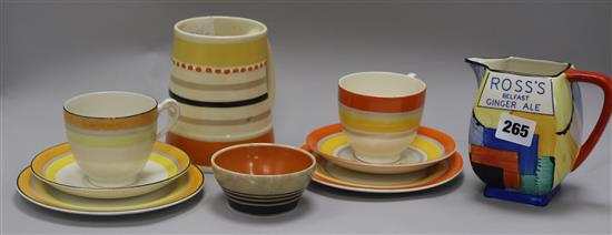Susie Cooper for Grays pottery, a Rosss Belfast ginger ale jug, a jug and two trios and bowl for Burslem